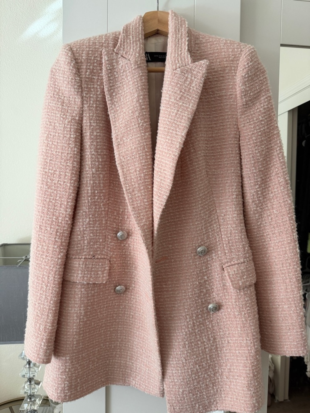 Zara Blush Pink Tweed Double-Breasted Blazer